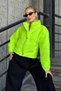 Neon green stand collar snap button zippered short puffer jacket