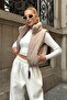 Beige D Mock Neck Short Puffer Vest with Stone Embroidery on the Back - 2