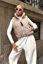 Beige D Mock Neck Short Puffer Vest with Stone Embroidery on the Back - 3