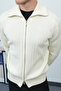 Hair Braid Ecru Wide Collar Double Zipper Premium Cardigan - 2