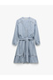 Mandarin Collar Belted Long Sleeve Scalloped Lace Detailed Viscose Mini Shirt Dress - 3