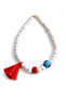 Blue Glass and Wood Beaded Women's Necklace with Evil Eye Beads and Tassels