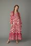 Ethnic Patterned Maxi Dress Long Balloon Sleeves Gathered Fuchsia Ecru Layered Loose Viscose Dress
