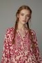 Ethnic Patterned Maxi Dress Long Balloon Sleeves Gathered Fuchsia Ecru Layered Loose Viscose Dress - 2