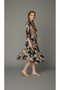 Leaf Patterned Midi Dress Ruffle Collar Wide Three-Quarter Sleeves Tie-Up Brown Summer Dress - 4