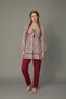 Woven Combed Cotton Suit with Balloon Sleeves and Leaf Pattern Beige Tunic Top with Pompom Detail Burgundy Trousers - 4