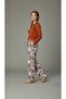 Combed Cotton Pajama Set with Buttoned Long Sleeves, Orange Top, Leaf Patterned White Pants - 7