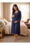 Navy Blue Dressing Gown with Lace Sleeves Maternity Nightgown Set - 2