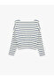 Viscose Fabric Round Boat Neck Long Sleeve Waist Accent Striped T-Shirt - 6