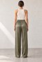 Women's Oil Green High Waist Satin Trousers - 3
