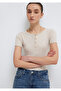 Half Button Beige Basic T-Shirt Fitted / Bodycon Cut 1613806-80084 - 3