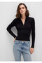 Half Zippered Stand Collar Black Sweater Fitted / Fitted Cut 1710519 -900 - 2