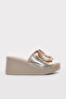 Genuine Leather Gold Women's Wedge Heel Slippers 275Za2039Dlg