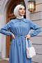 Long Denim Dress with Pearls on Shoulders and Elastic Waist - 5