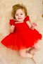 Baby Girl Girl Kid Birthday Party Wedding Dress Short Sleeve Ribbons Bandana Ruched Lined Romper