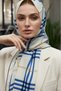 Crepe Shawl 75X195 Cream Indigo Plaid Patterned Wrinkle-Resistant Women's Shawl - 2