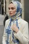 Crepe Shawl 75X195 Cream Indigo Plaid Patterned Wrinkle-Resistant Women's Shawl - 6