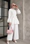 Cuff Flared Wide Leg Pants with Belted Jacquard Gofre Suit -White