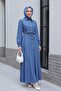 Waist-Tied, Front-Buttoned, Beaded Denim Dress - Blue - 3