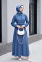 Waist-Tied, Front-Buttoned, Beaded Denim Dress - Blue