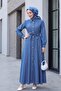 Waist-Tied, Front-Buttoned, Beaded Denim Dress - Blue - 5