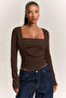 Square Neck Gathered Brown Long Sleeve Blouse - 6