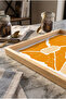 Abstract Yellow and Orange Patterned Natural Wood Framed Rectangular Coffee Presentation, Engagement, and Serving Tray - 5