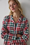 Red Plaid Shirt Collar New Year Cotton Pajama Set - 4