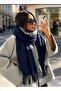 Women's Winter Plaid Wool Shawl - Double-Sided Shoulder Shawl / Oversized Blanket Shawl 70X190Cm - Dark Blue