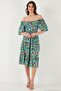 Patterned Oversize Fit Carmen Collar Drawstring Detailed Midi Length Dress Women's Dress 67810557 - 4