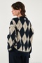 Oversize Fit Crew Neck Argyle Patterned Soft Textured Sweater Women's Sweater 4616223 - 7
