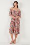 Patterned Oversize Fit Carmen Collar Drawstring Detailed Midi Length Dress Women's Dress 67810557 - 4