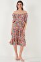 Patterned Oversize Fit Carmen Collar Drawstring Detailed Midi Length Dress Women's Dress 67810557 - 3