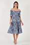 Patterned Oversize Fit Carmen Collar Drawstring Detailed Midi Length Dress Women's Dress 6782169 - 3