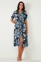 Patterned Relaxed Fit Balloon Sleeve Slit Belted Midi Length Dress Women's Dress 67810558 - 3