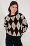 Oversize Fit Crew Neck Argyle Patterned Soft Textured Sweater Women's Sweater 4616223 - 6