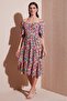 Patterned Oversize Fit Carmen Collar Drawstring Detailed Midi Length Dress Women's Dress 67810557 - 2