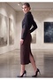 Women's Brown Diver Regular Waist Black Midi Skirt with Back Slit - 4