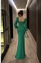 Princess Sleeve Slit Detail Sweetheart Neckline Imported Crepe Fabric Long Sleeve Long Dress 582732 Emerald - 3