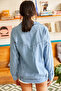 Women's Blue Pocketed Zippered Snap-Buttoned Long Denim Jacket CKT-19000258 - 6