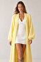 Women's Yellow Shawl Collar Textured Balloon Sleeve Long Loose Cardigan