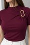 Women's Short-Sleeved T-Shirt with Gold Buckle Detail, Gathered Half Turtleneck, Sandy Lycra Stylish Blouse - 3