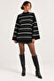 Black Oversize Striped Half Fisherman Women's Knitwear Tunic Sweater - 5