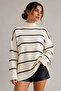 White Oversized Striped Half Fisherman Women's Knitwear Tunic Sweater - 6