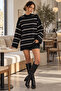 Black Oversize Striped Half Fisherman Women's Knitwear Tunic Sweater - 8