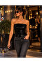 Women's Black Sequined Strapless Corset Bustier Crop Top with Adjustable Back Lacing - 3