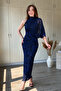 One-Shoulder Halter Neck Draped Elegant Shimmering Maxi Tulle Navy Blue Dress - 3