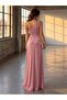 Powder Color One-Shoulder Draped Long Evening Dress with Buckle Accessories 583423 - 4