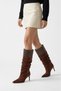 Women's Pointed Toe Heeled Shoes with Below-Knee Gusset and Skin Detailing, Paloma Brown Suede - 7