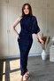 One-Shoulder Halter Neck Draped Elegant Shimmering Maxi Tulle Navy Blue Dress